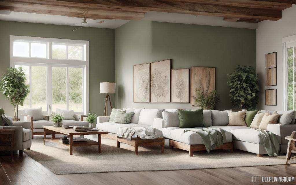 modern farmhouse living room natural green wood tones