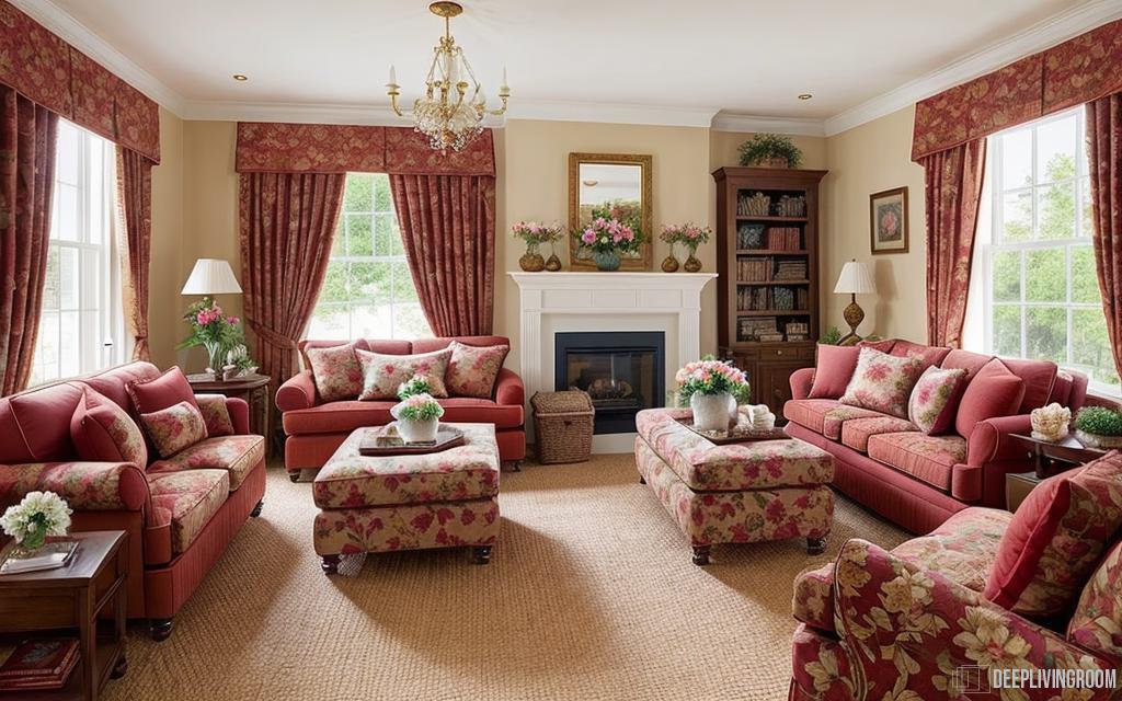 traditional living room with floral pattern pillows